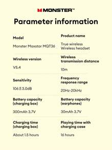 MONSTER MQT36 Bluetooth Headphones, Featuring HD Surround Stereo Sound, Deep Bass, Sensitive Microphone, Intelligent Noise Cancellation, Low-Latency Recording And Calling, Waterproof And Sweatproof, Long Battery Life, Comfortable And Simplistic Business Wireless Earbuds