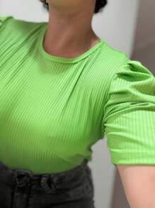 PRINCESS PUFFED SLEEVE RIBBED TOP FOR WOMEN - Lime Green - View 2