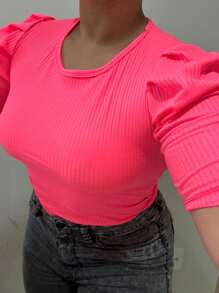 PRINCESS PUFFED SLEEVE RIBBED TOP FOR WOMEN - Dusty Pink - View 2