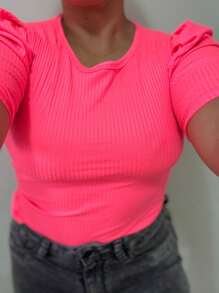 PRINCESS PUFFED SLEEVE RIBBED TOP FOR WOMEN - Dusty Pink - View 3