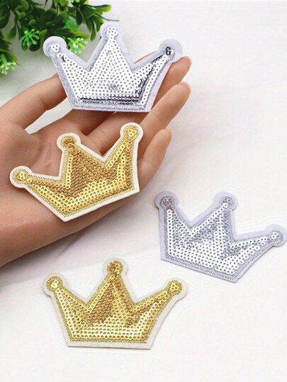 4pcs Gold & Silver Sequin Crown Embroidery Patches, Suitable For DIY Garments, Bags, Hats Iron-On Decoration
