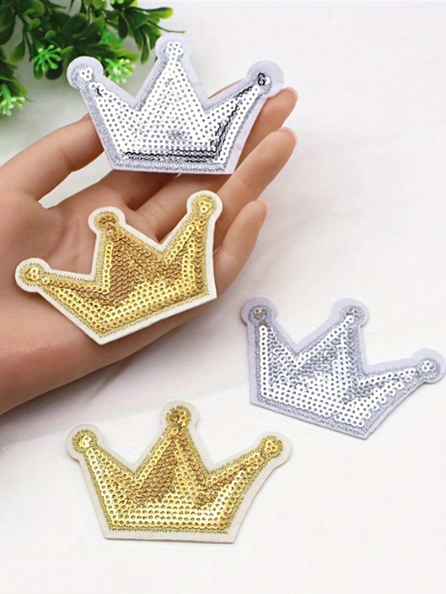 4pcs Gold & Silver Sequin Crown Embroidery Patches, Suitable For DIY Garments, Bags, Hats Iron-On Decoration - Multicolor - View 1