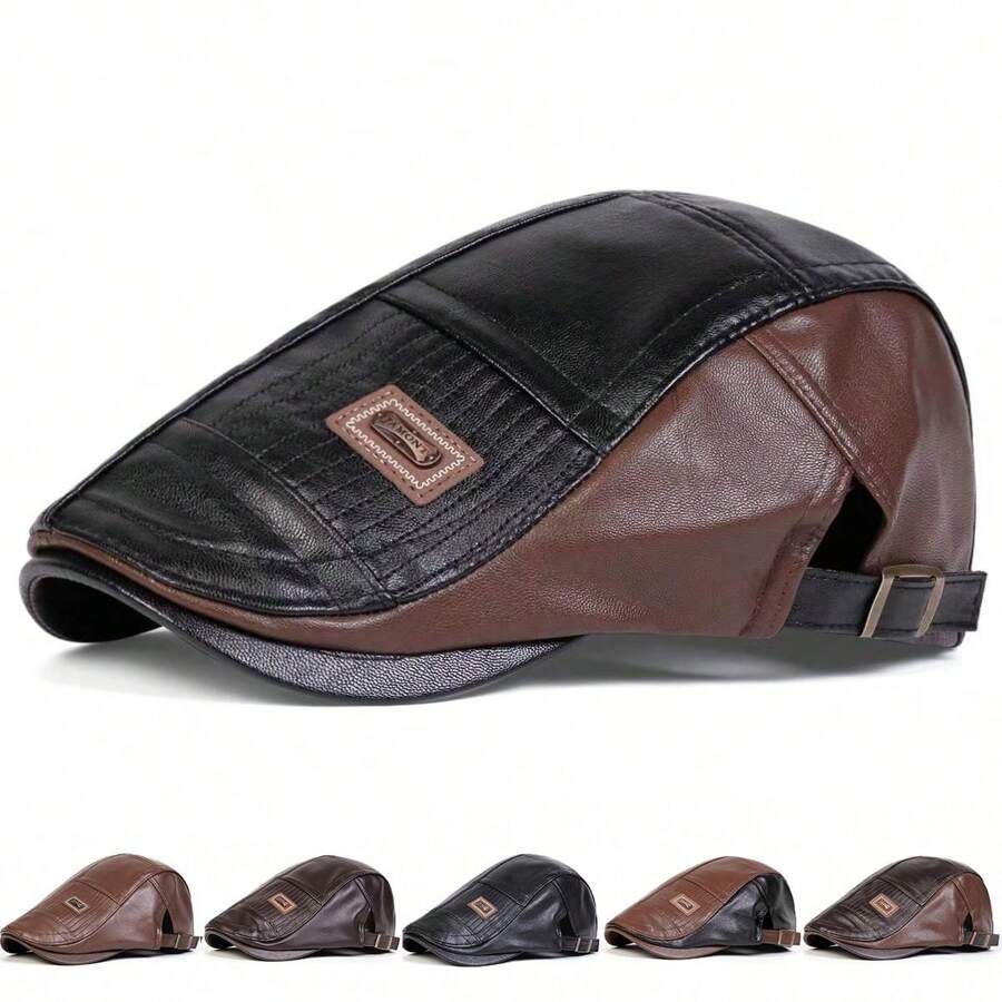 1pc Men's PU Leather Patchwork Newsboy Cap Warm Casual Hat, Suitable For Outdoor, Business, Party In Autumn/Winter - Multicolor - View 1