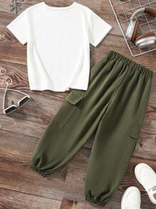 Tween Boy Letter Print Short Sleeve Tee And Solid Color Cargo Pants - White - View 2