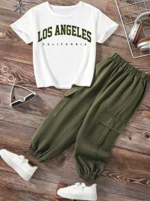 Tween Boy Letter Print Short Sleeve Tee And Solid Color Cargo Pants - White - View 1