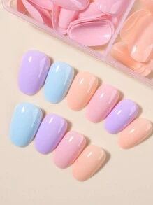 96pcs/Box (4 Mixed Colors) Short Oval Glossy Macaron Color Solid Nail Tips, Acrylic Fake Nails Set - Multicolor - View 3