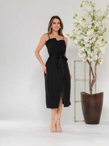 V761 Tailored Midi Dress With Straps - Black - View 3