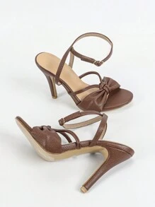 Women's Sandals With Wide Straps, Bow Decor, Slim High Heels, Ankle Strap, Metal Buckle, Minimalist Round Toe, Suitable For Summer & Autumn - Dark Brown - View 7