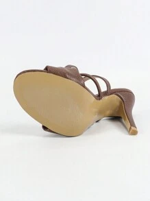 Women's Sandals With Wide Straps, Bow Decor, Slim High Heels, Ankle Strap, Metal Buckle, Minimalist Round Toe, Suitable For Summer & Autumn - Dark Brown - View 10