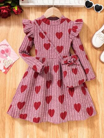 Young Girl Soft Knitted Fabric Heart Pattern Dress With Matching Pouch Bag, Comfortable & Warm, Suitable For Outdoor Play Or Holiday Photos
