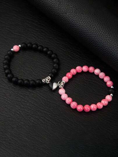 2pcs/Set Magnetic Heart Couple Bracelets, Bead Bracelet, Versatile Colors & Styles Suitable For Daily Wear, Parties, Great Gift For Boyfriend