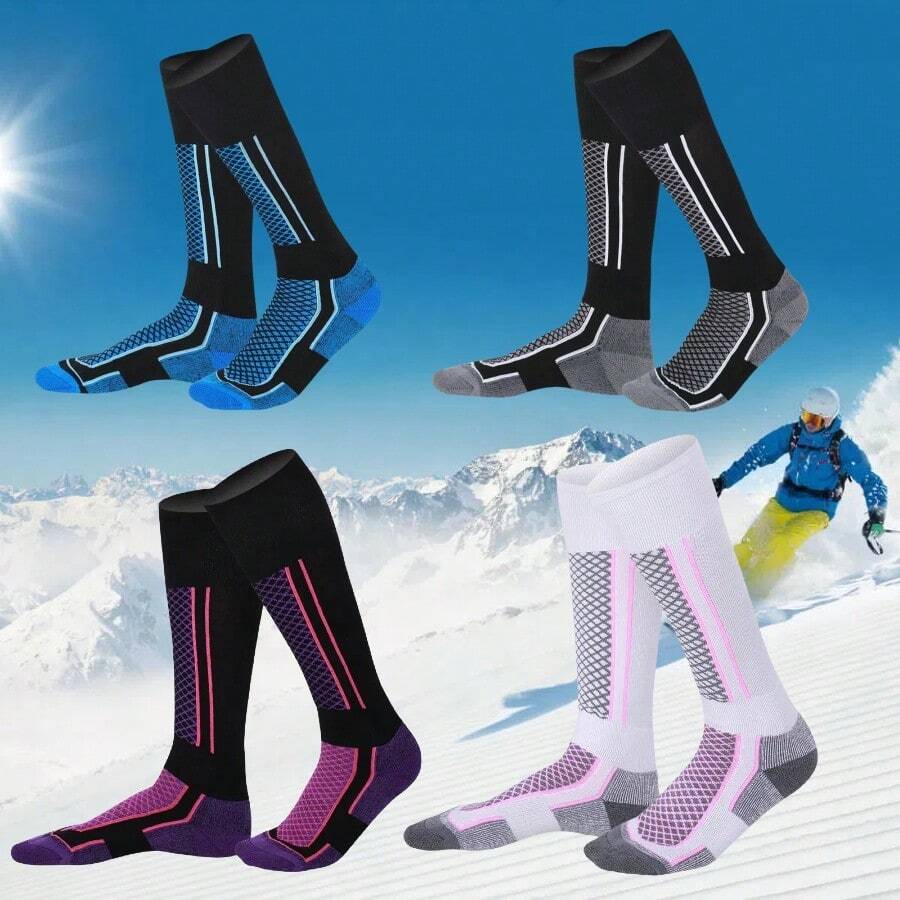 2 双保暖滑雪袜，寒冷天气冬季厚款过膝足球运动袜，适合滑雪、单板滑雪、户外活动 - 彩色 - 查看 1