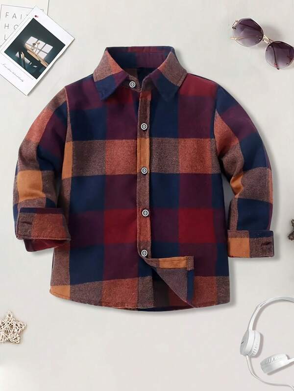 Tween Boy Plaid Random Print Fashion Long Sleeve Stand Collar Shirt, Spring/Autumn