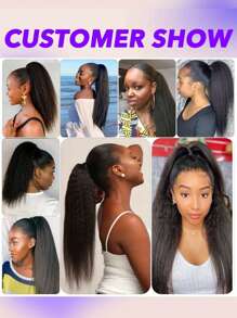 Kinky Straight Human Hair Ponytail Extensions Kinky Hair Ponytail Kinky Yaki Straight Ponytail Natural Hair Afro Kinky Ponytail Human Hair Yaki Ponytail Natural Black Thick Big 8- 28 Inch