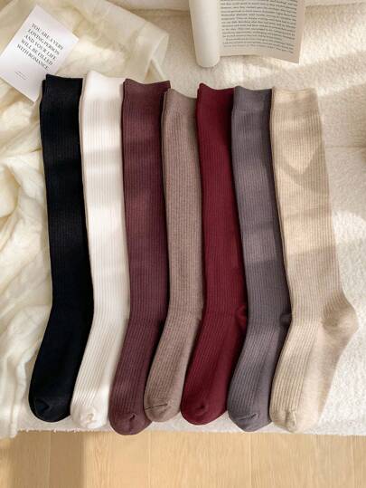1 Pair/2 Pairs/5 Pairs Women's Solid Color Warm Knee-High Socks, Versatile For Autumn/Winter, Cozy