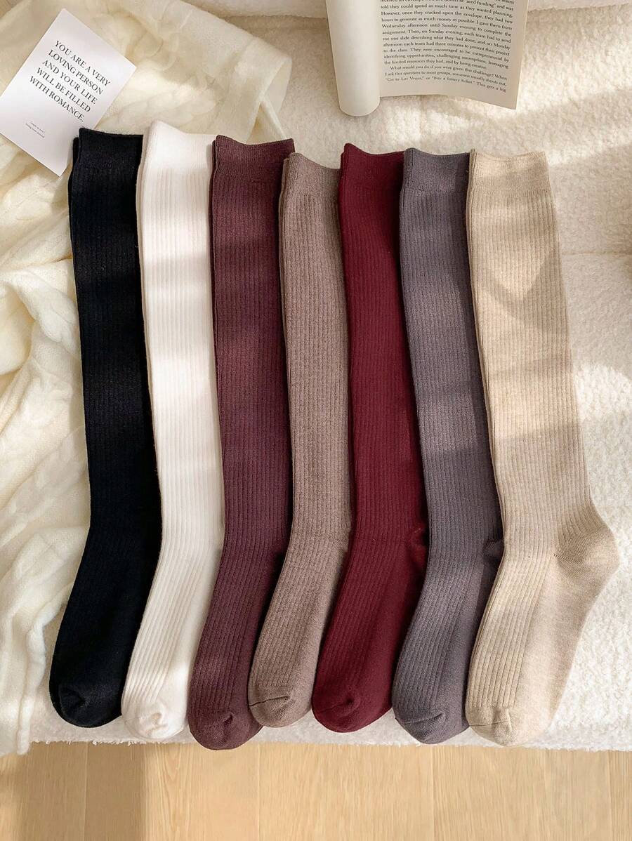 1双/2双/5双装 女士纯色保暖过膝袜，秋冬季百搭舒适