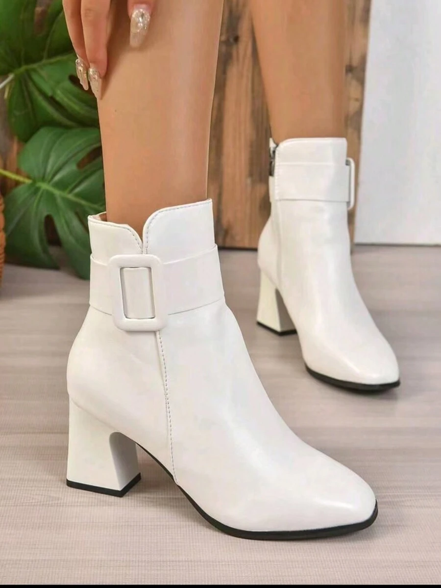 Women's Chunky Heel Ankle Boots, Fashionable French Style High Heel Short Boots, Black & White, Fall/Winter 2024 - White - View 1