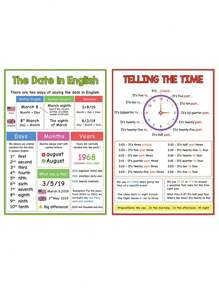 2 Piezas Guía de escritura del inglés del tamaño A4 sobre expresiones de tiempo y fecha, póster de aprendizaje para que los niños estudien inglés - Multicolor - Ver 1
