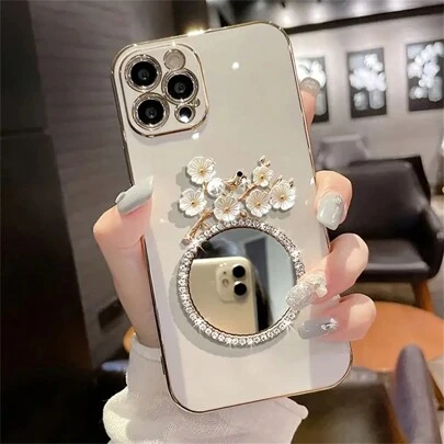 1pc Electroplated TPU Luxury Soft Full Cover Rhinestone Mirror + Metal Twig Decor Phone Case Compatible With Iphone/Galaxy/Redmi/OPPO, Fashionable And Lightweight Waterproof Shockproof Anti-Fall Scratch Resistant