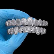 THATBOY 2PCS BlingBling Hip Hop Iced Teeth Grills - Dazzling AAAAA Plus Cubic Zirconia Grillz Teeth, 20 Top & Bottom Grillz Teeth Set - Secure And Adjustable Fit For Rapper Star Show-Stopping, Fashion-Forward Cool And Handsome Look