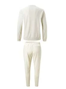 华夫格面料男士两件套服装，休闲圆领长袖 T 恤，套头 T 恤和抽绳运动裤慢跑套装，春季，秋季，男士服装 - 卡其色 - 查看 3