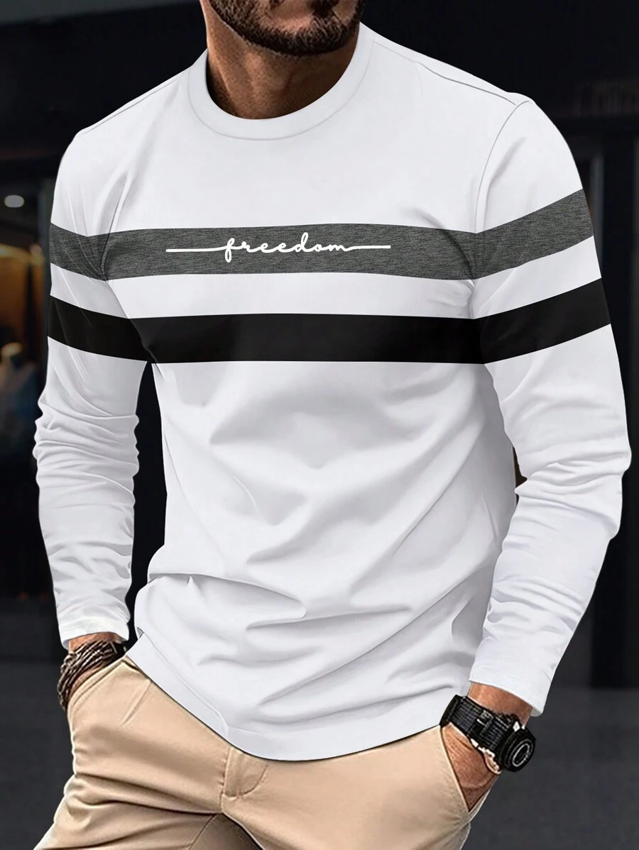 Spring & Autumn New Casual Loose Plus Size Men's Fashion Sports Fitness Beach Holiday Round Neck Long Sleeve T-Shirt - White - View 1