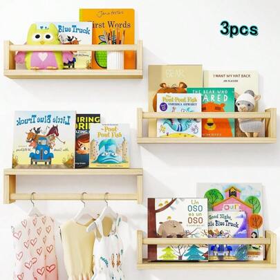 3 peças de prateleiras para livros de berçário, estante flutuante para decoração de quarto e sala de jogos, prateleiras de madeira montadas na parede para livros, brinquedos e armazenamento de decoração