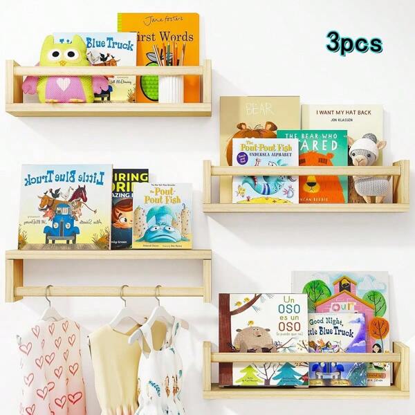 3 Stück Bücherregale für Kinderzimmer, schwebende Bücherregale für Schlafzimmer Dekoration & Kinderzimmer Dekoration, Holz Wandregale zum Aufhängen für Bücher, Spielsachen und Dekorationslagerung