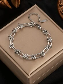 1pc Stainless Steel Simple Neutral Non-Fading Chain Fashion Bracelet For Women, Suitable For Daily Wear And Gift - Silver - View 6