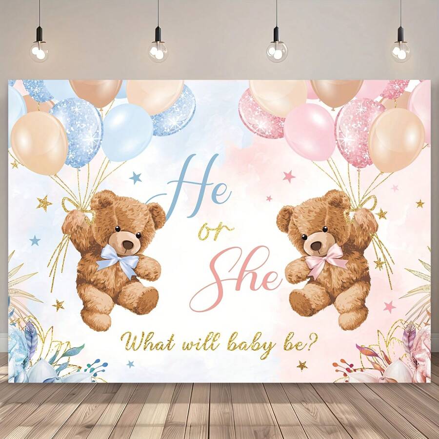 Fondo con oso para revelar el sexo del bebé, niño o niña, rosa o azul, globo floral bohemio, no podemos esperar talla grande, decoración de fondo para fotografía prenatal, accesorios de estudio y cabina fotográfica