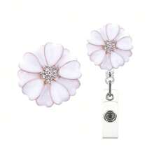 1pc Alloy Camellia Rhinestone Badge Reel, Retractable Nurse ID/Name Card Holder With Alligator Swivel Clip, Suitable For Nurses/Students, Gift - Pink - View 1