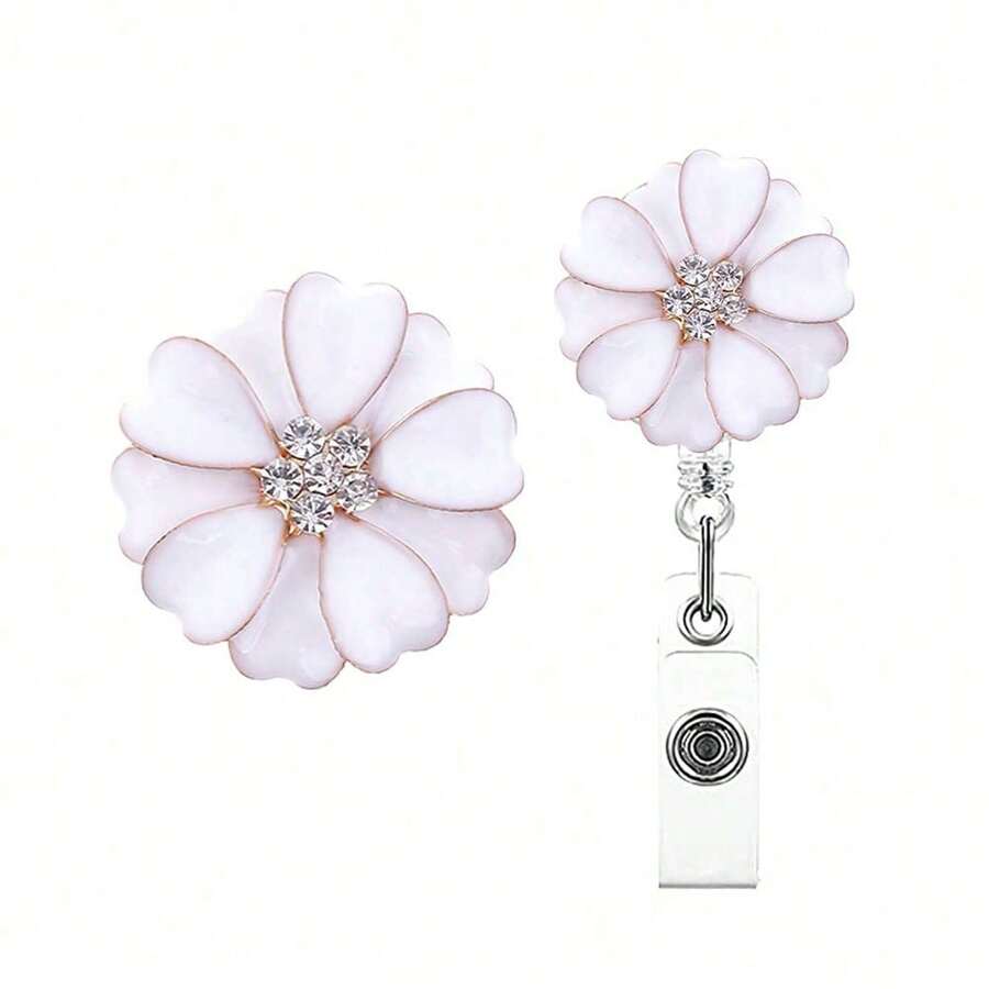 1pc Alloy Camellia Rhinestone Badge Reel, Retractable Nurse ID/Name Card Holder With Alligator Swivel Clip, Suitable For Nurses/Students, Gift - Pink - View 1