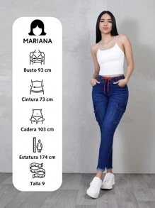 Skinny Jeans Cargo Azul Oscuro con Ajuste Elástico y Cordón Decorativo Rojo: Combina Funcionalidad y Estilo Urbano - Azul PY52326B - Ver 2