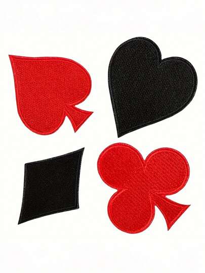 4 יחידות חידוש פוקר תיקוני גיהוץ, תיקוני כרטיסי משחק, לבבות שחורים אדומים אלות רקמה סט תיקוני רקמה לג'ינס כובעים תיקים ביגוד