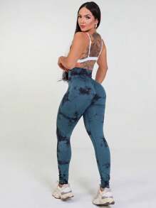 Tie Dye Yoga Leggings, Seamless Butt Lifting Leggings. - 綠色 - 查看 2