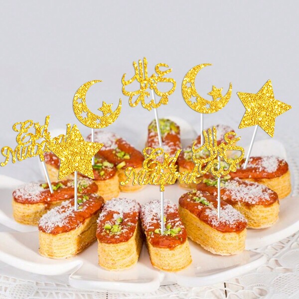 12pcs/Set Eid Mubarak Glitter Cake Topper Picks, Cupcake Decorations, Ramadan Party Cake Decorations
