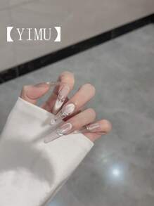 10 件手工超长优雅狗形假指甲，高端奢华风格，美白和指甲塑形按压指甲美甲用品 - 藕粉色 - 查看 2
