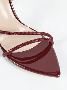Women's Rhinestone Strap Back Zipper Pointy Toe High Heel Sandals, Elegant Glamorous Fashion Party Banquet Heels, Wine Red