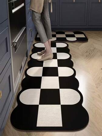 1 pieza Alfombra de baño/cocina de silicona, con patrón de retazos blanco y negro, ligera, acolchada, antifatiga, absorbente de agua, antideslizante, adecuada para cocina, baño, entrada, lavandería, estilo minimalista de lujo