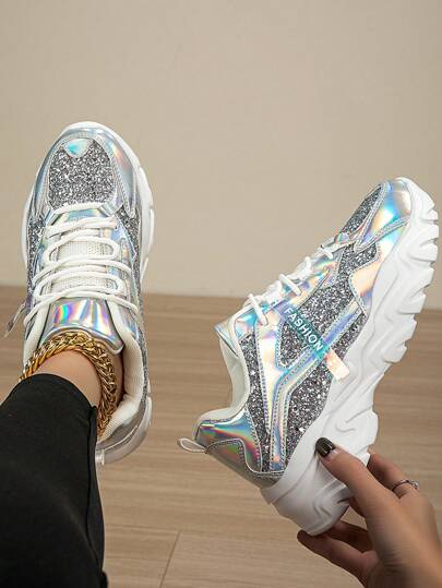 Silver Glitter Design Women's Thick Sole Casual Sneakers, Lace Up Outdoor Shoes, Fashionable Thick Bottom Walking Shoes