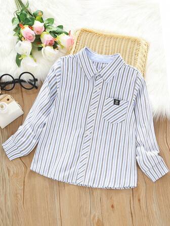 男童长袖条纹衬衫，带真口袋，休闲撞色儿童正装衬衫，凉爽春秋上衣