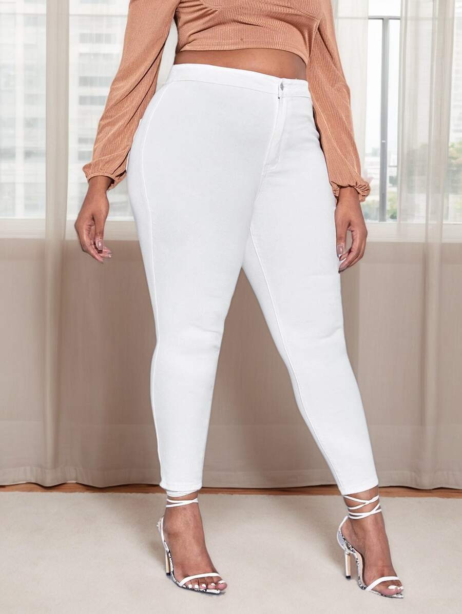 Plus Size Solid Color Stretch Denim Fashion Casual Jeans, White Skinny Jeans Plus Size For Women, Simple And Versatile Slim Jeans - trắng - Xem 1