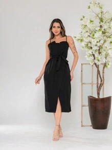 V761 Tailored Midi Dress With Straps - Black - View 1