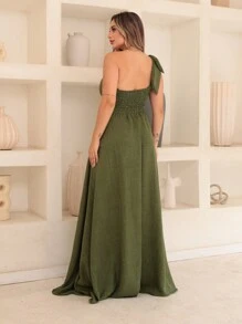 Victoria Long Luxury Dress Plain Duna Linen With Bow One Shoulder - Olive Green - View 3