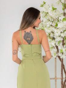 V761 Tailored Midi Dress With Straps - Olive Green - View 6