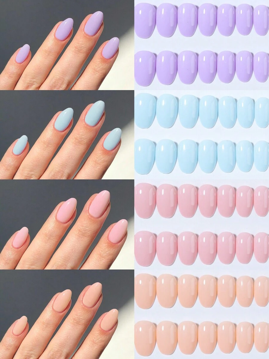 96pcs/Box (4 Mixed Colors) Short Oval Glossy Macaron Color Solid Nail Tips, Acrylic Fake Nails Set - Multicolor - View 1