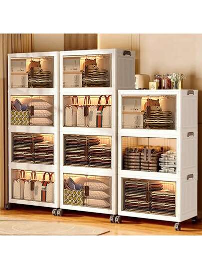 2/3/4/5layers Plastic Storage Bins With Lids Wide Extra Large Storage Cabinet, Collapsible Stackable Containers With Wheels, Foldable Organizer System For Closet, Bathroom, Home, Office, Dorm