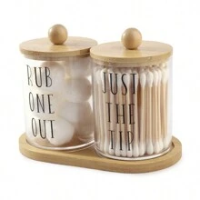 3件透明收纳盒，化妆清洁棉签收纳盒，多功能储物罐，带竹盖+托盘，适用于度假海滩、浴室收纳、卧室收纳，大容量