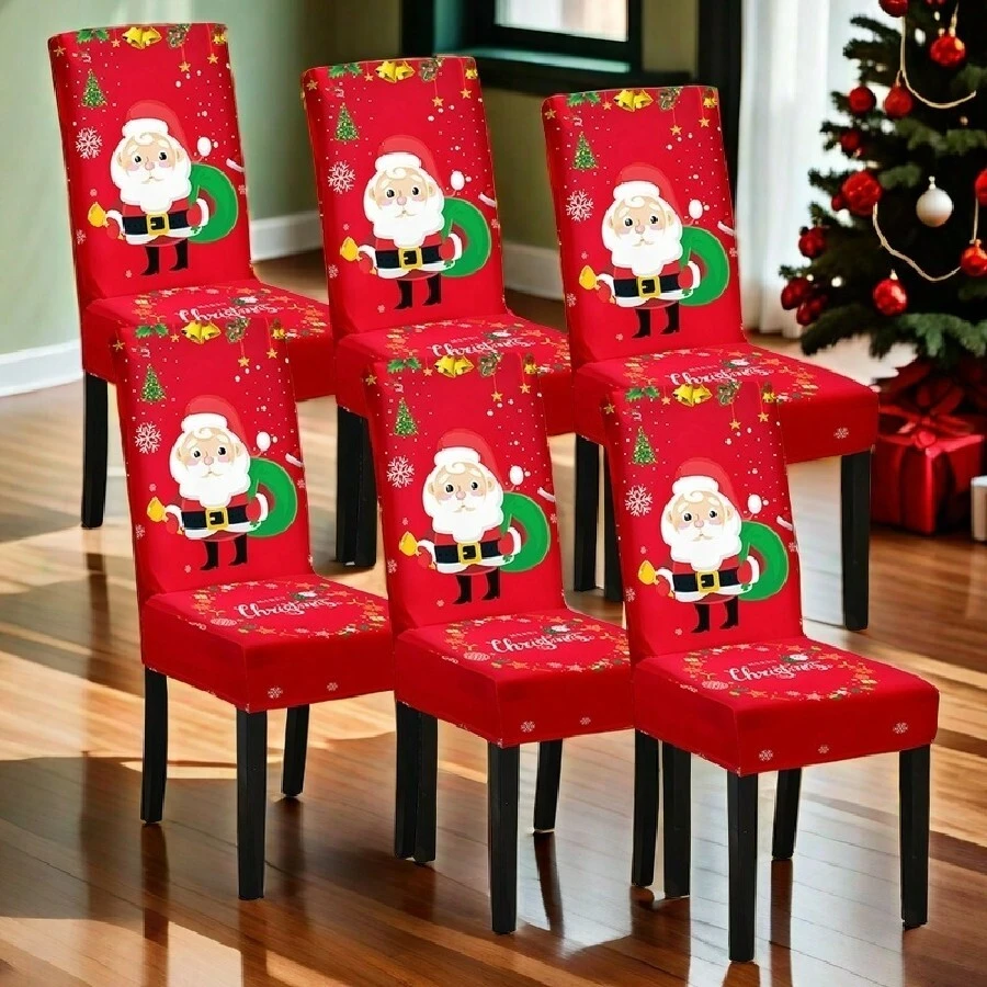 6-Piece Set Christmas Chair Covers, Stretch Christmas Dining Chair Cover Christmas Chair Slipcovers For Dining Room Hotel Wedding Holiday Party Decor Christmas Thanksgiving Festival Knitted Cyber Monday Holiday Party Gift Snowman Santa Claus Bells Print Flowers.