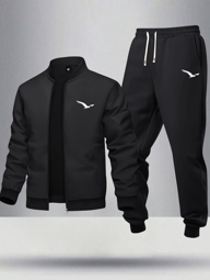 Men's 2 Pieces Bird Graphic Print Bomber Jacket And Jogger Pants Set For Spring Autumn Casual Outdoor Wear